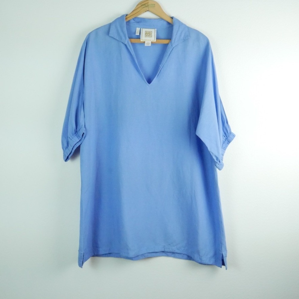 Emily McCarthy Poppy Tunic Dress Blue Linen Blend V-Neck Large Coastal Minimal